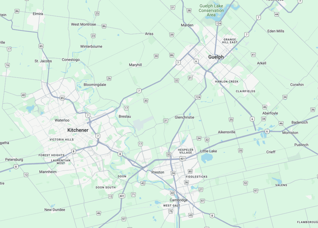 Map of Guelph Ontario and surrounding cities Kitchener Waterloo Cambridge